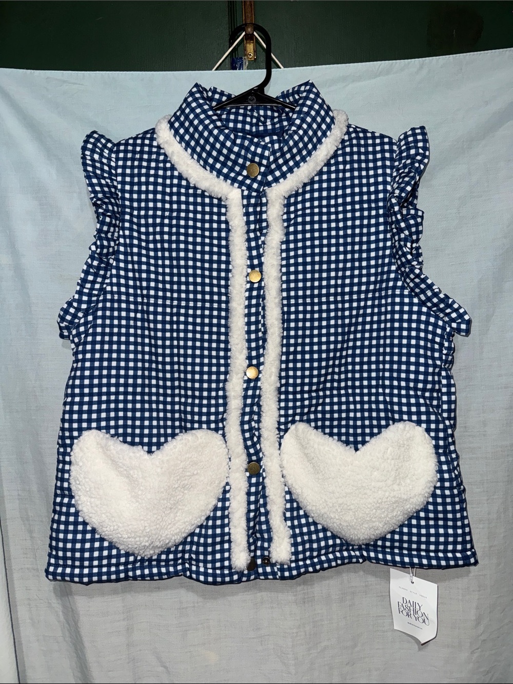 Gingham Puffer Vest - Ruffle Cuffs